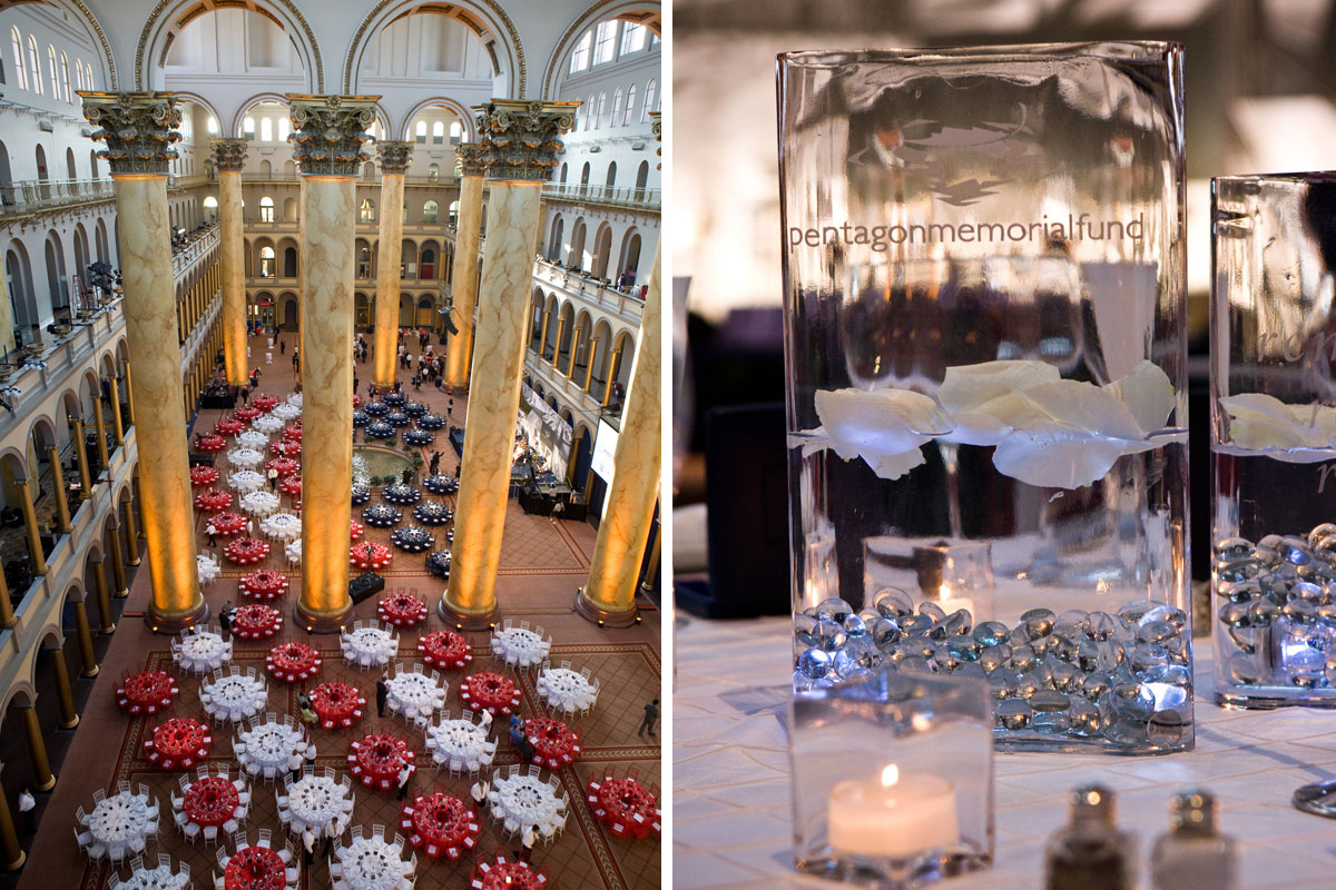 The answer was to make all of the eighty guests tables part of a giant waving flag design. Centerpieces featured fresh florals as well as an elegant glass vase with the foundation’s logo in an etched glass vinyl.