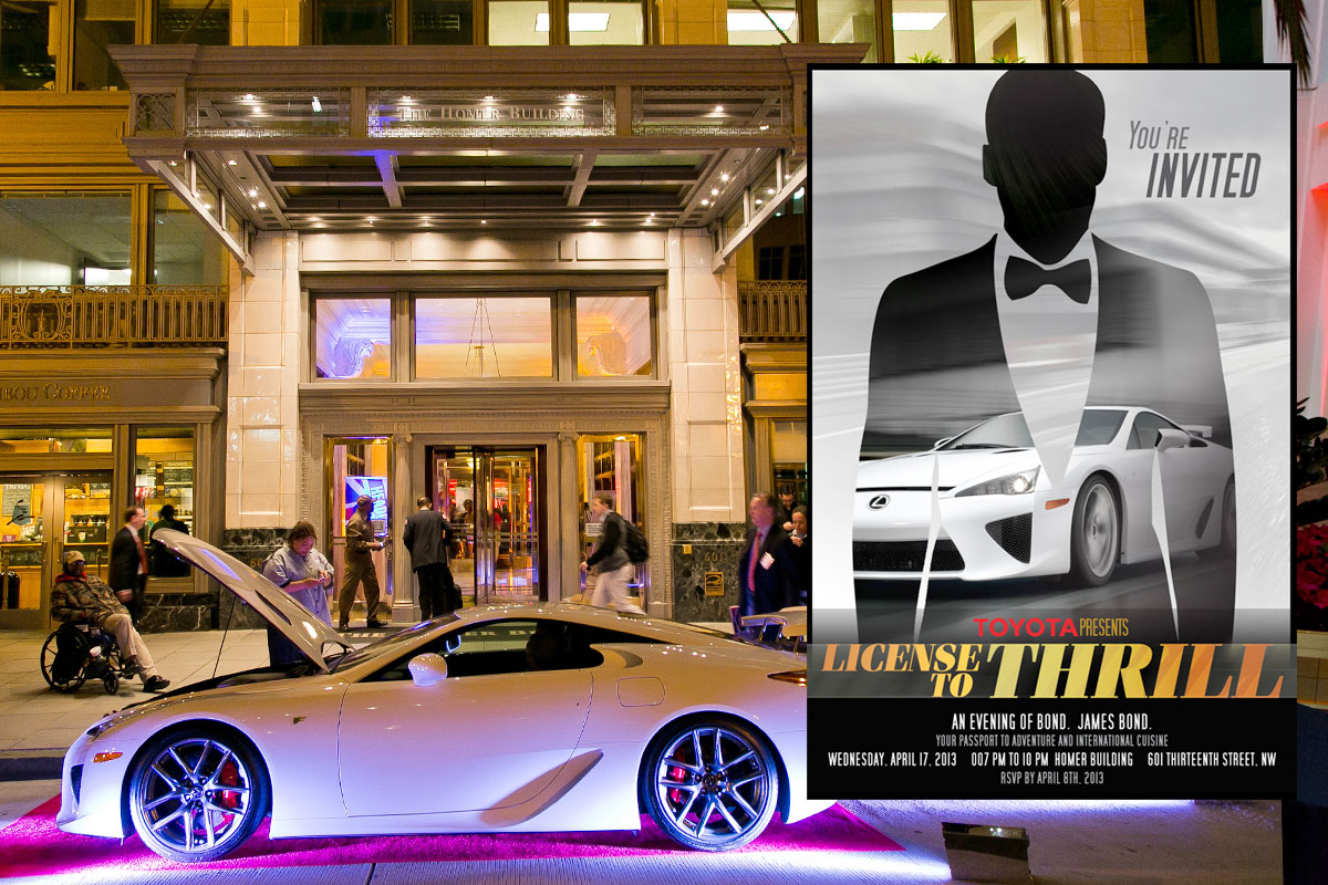 Toyota wanted an elegant and interactive James Bond theme for their annual Washington, DC event. Celadon Event Design came up with the event name “License to Thrill” and created a custom movie poster style logo featuring the Lexus LFA.
